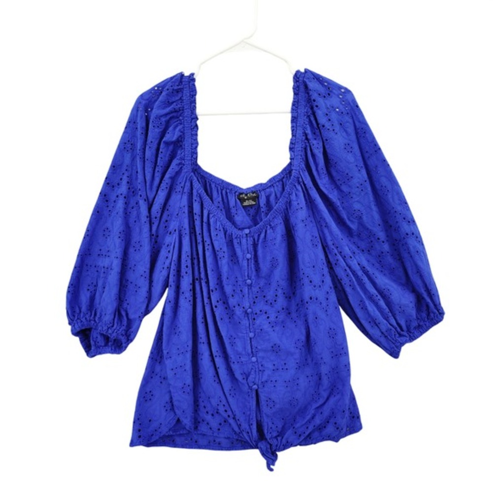 City Chic Women Romantic Cottage Peasant Eyelet Top XL/22 Royal Blue Tie Front